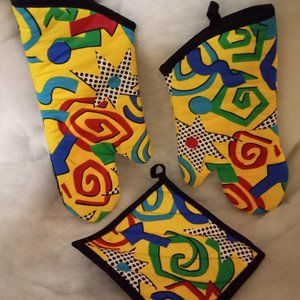 3 Piece Oven Set MOD Yellow Design Mitts And Hotpad